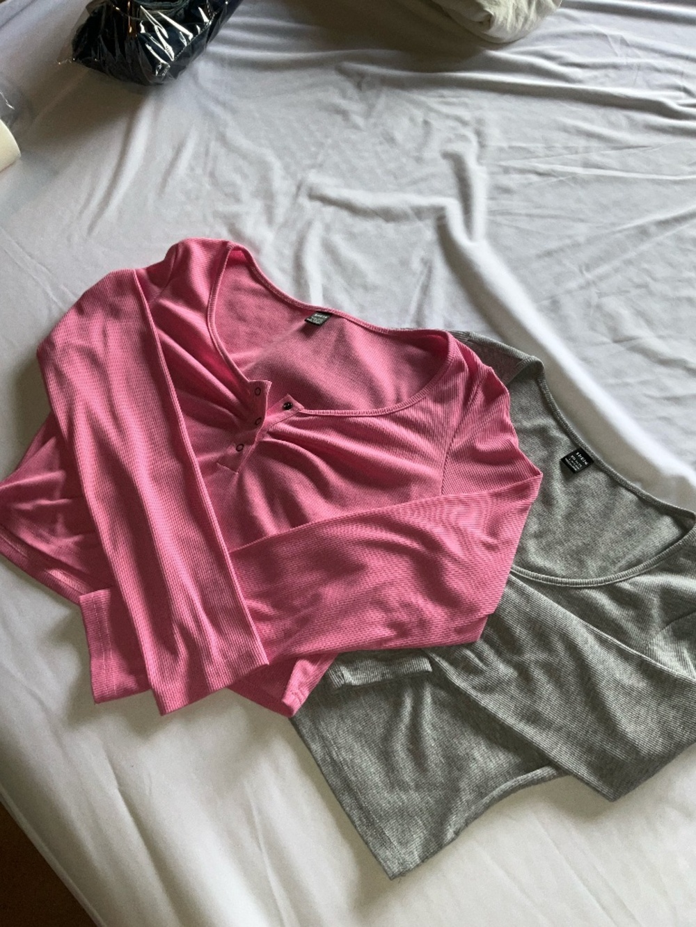 Two Ribbed Pink and Grey Cropped Henley Long sleeve T-shirts